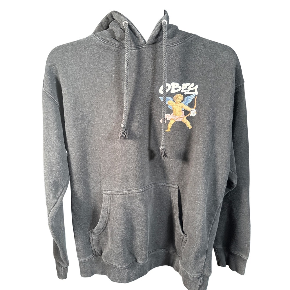 Obey Hoodie Mens M Black Cupid Graphic Pullover Sweatshirt Streetwear Skate